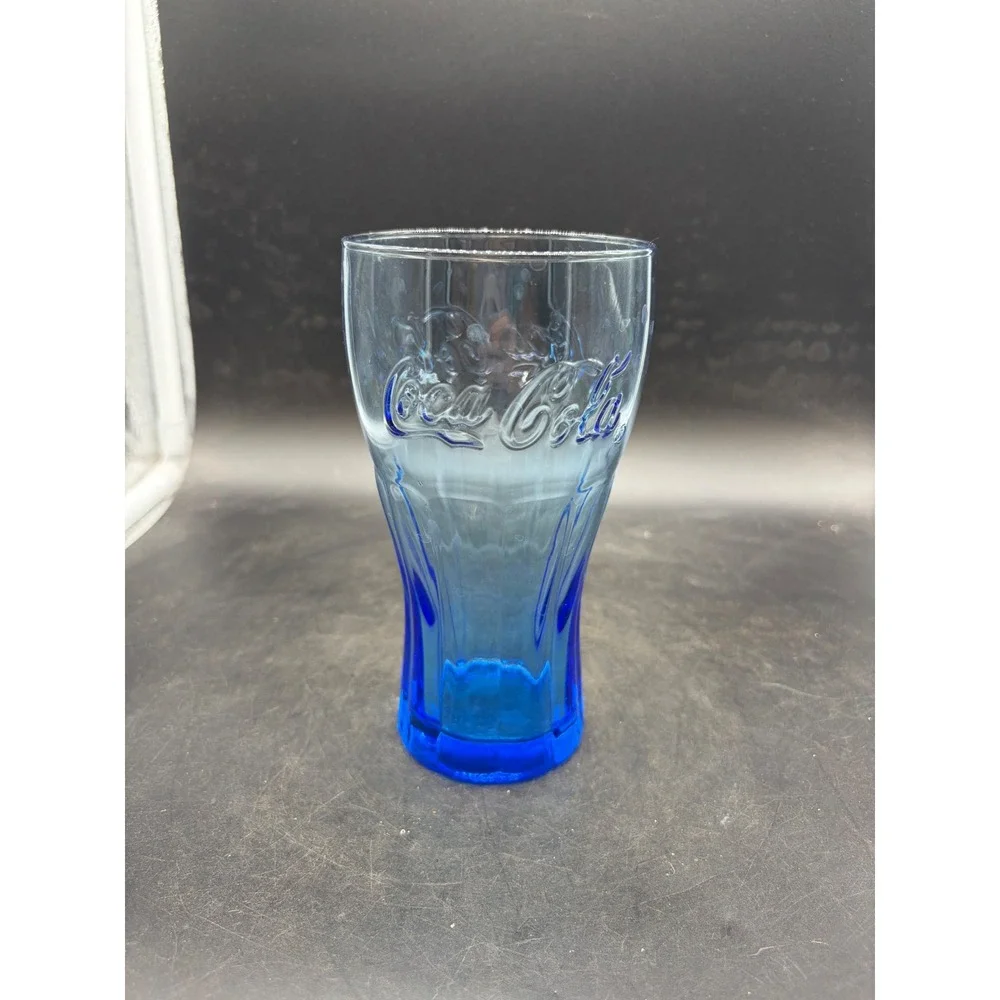 Coca-Cola Blue Ombre Glass Embossed Logo Bell Shape Tumbler 6 Inch